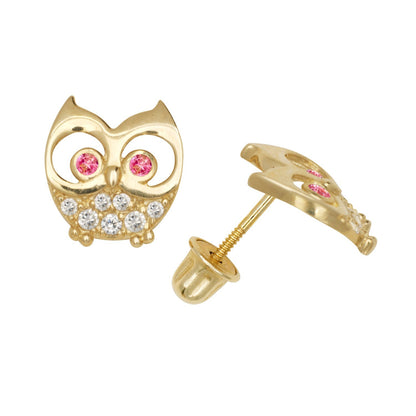 14K Yellow & White Gold Elegant Owl Shaped Studs Earrings for Women