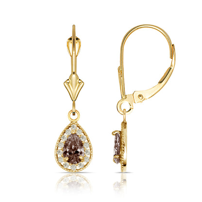 14k Yellow Gold Halo CZ Tear Drop Dangle Leverback Earrings