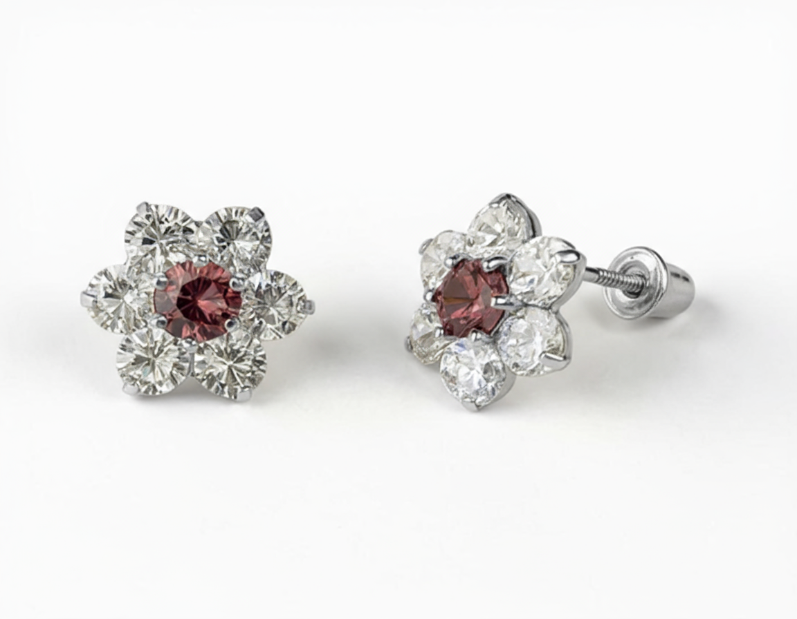 14k White Gold Beautiful Flower Shaped Stud Screw Back Earrings for Women