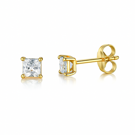 14k  White Gold Heavy Basket Square AAA Quality CZ Stud Earrings with Push Back