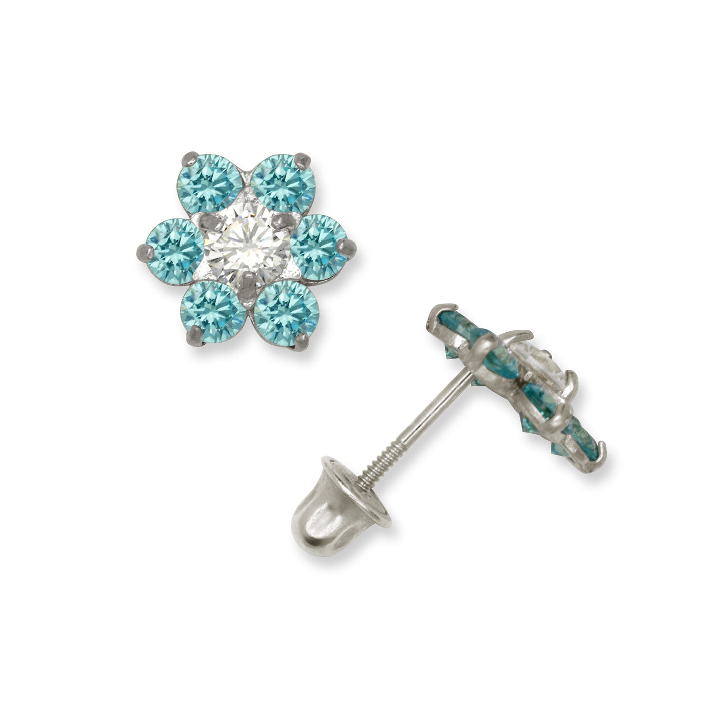 14k White Gold CZ Flower Birthstone Stud Screw Back Earrings