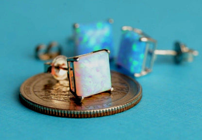 925 Sterling Silver Square Opal stud Earrings