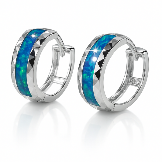14k White Gold Light Blue Opal Huggie Hoop Earrings