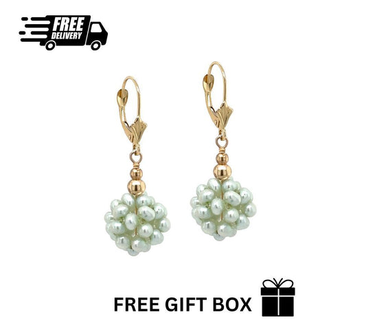 14k Yellow Gold Dangle Freshwater Pearl Cluster Leverback Earrings