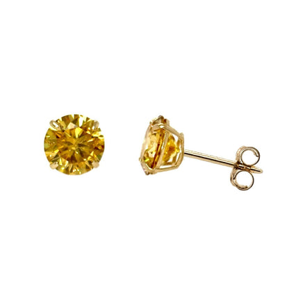 14K Gold GRA Certified D-VVS1 Round Yellow Moissanite Push Back Studs Earrings