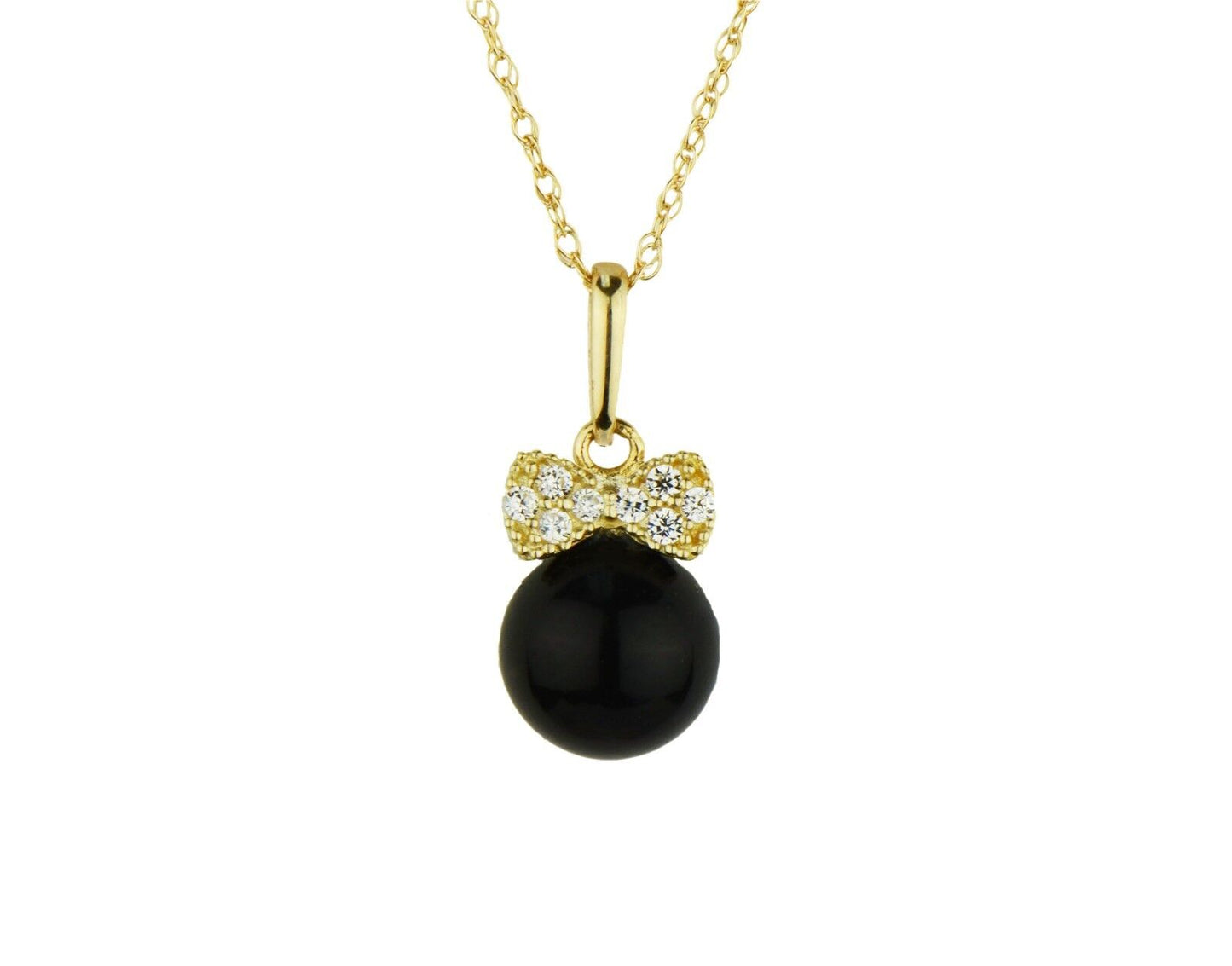 14K Yellow Gold Bow Tie Onyx CZ Pendant Necklace Rope Chain