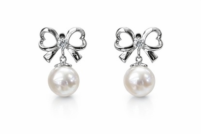14K Yellow or White Gold Bow Tie Freshwater Pearl CZ Stud Earring