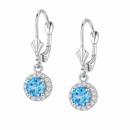 14k White Gold Halo Dangle Round Leverback Pierced Earrings Birthstone