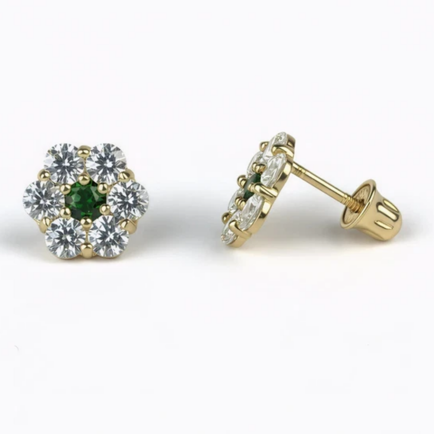 14K Yellow Gold Beautiful Flower CZ Stud Earrings for Women