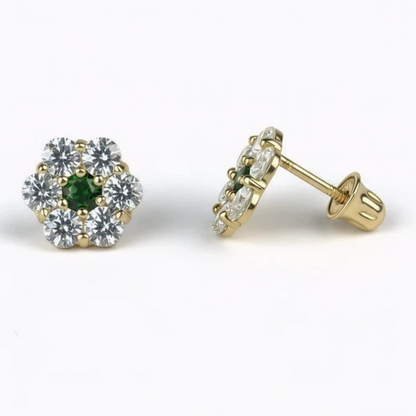 14K Yellow Gold Beautiful Flower CZ Stud Earrings for Women