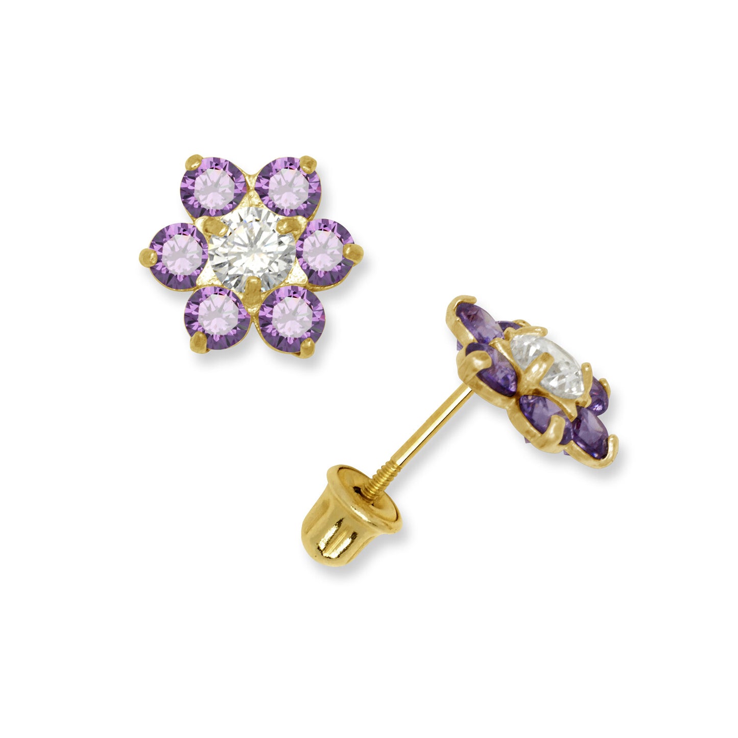 14k Yellow Gold CZ Flower Birthstone Stud Screw Back Earrings