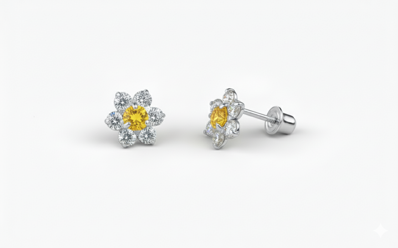 14K White Gold Beautiful Flower CZ Stud Earrings for Women