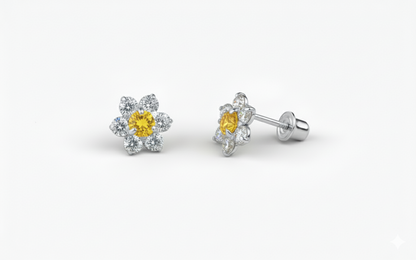 14K White Gold Beautiful Flower CZ Stud Earrings for Women
