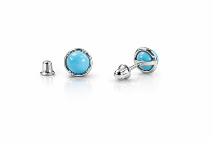 14k Yellow & White Gold Round Turquoise Screw Back Stud Earrings for Women
