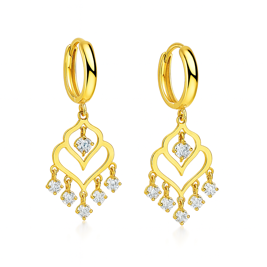 14k Yellow Gold Heart Dangle Hoop Huggie CZ Earrings