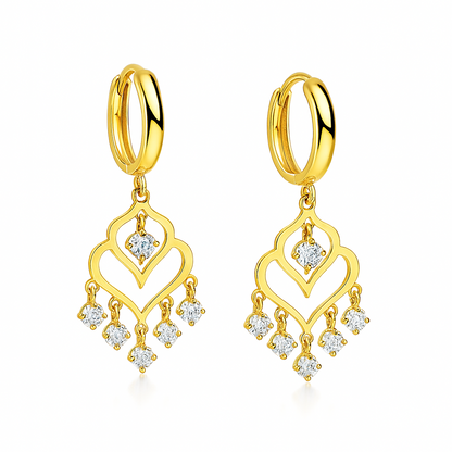14k Yellow Gold Heart Dangle Hoop Huggie CZ Earrings