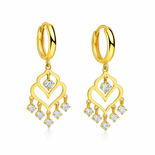 14k Yellow Gold Heart Dangle Hoop Huggie CZ Earrings