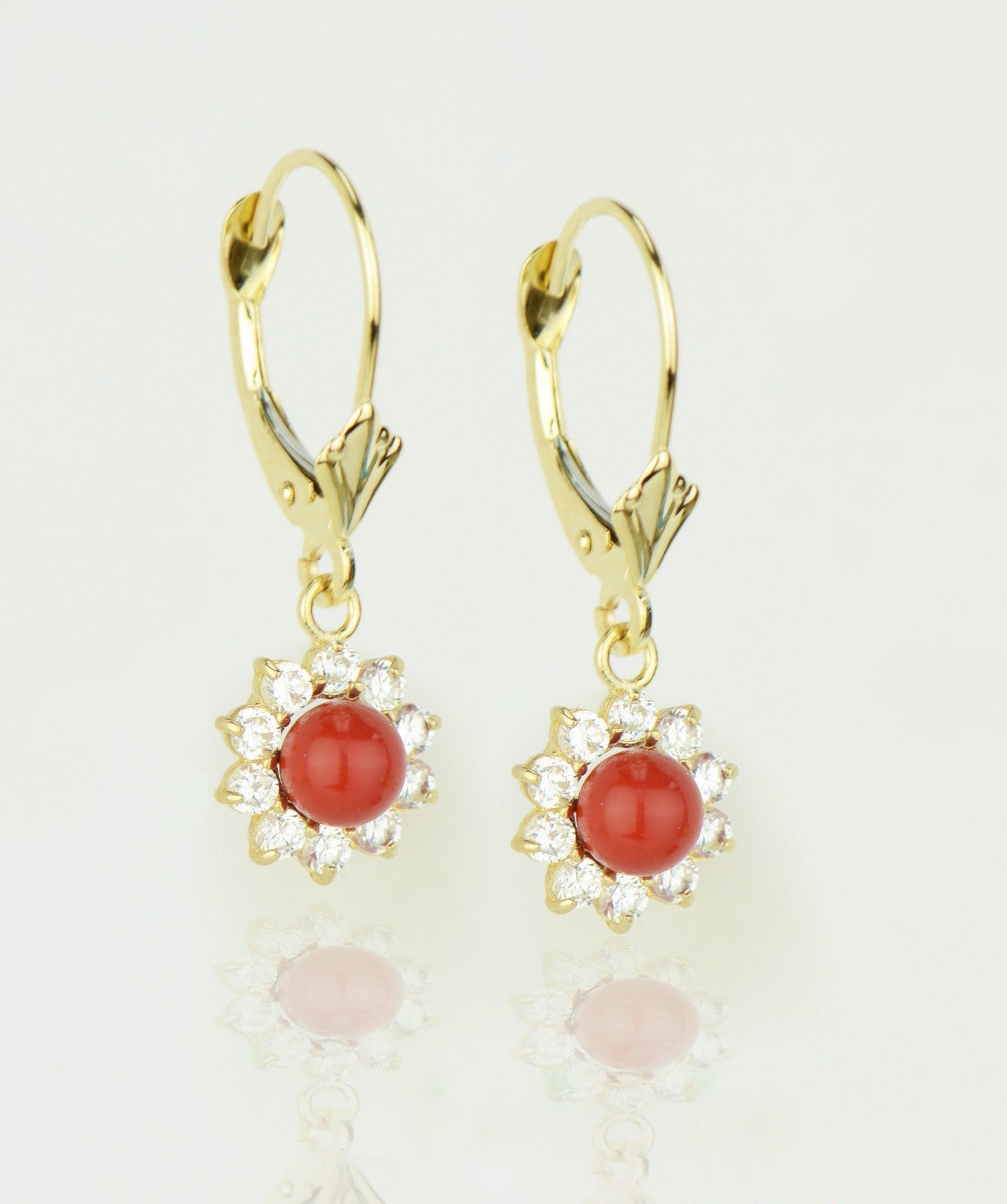 14k-Yellow-Gold-Coral Flower-CZ-Dangle-Earrings