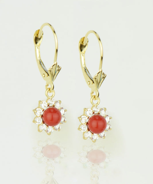 14k-Yellow-Gold-Coral Flower-CZ-Dangle-Earrings