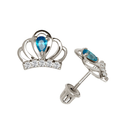 14k Yellow & White Gold CZ Crown Baby Screw Back Stud Earring for Girls