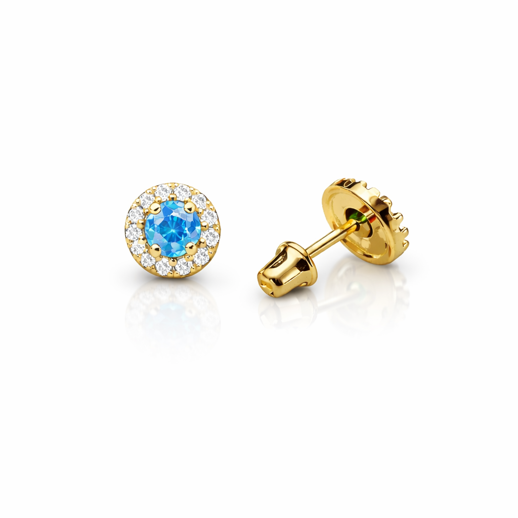 14k Yellow Gold Halo Stud Earrings with Screw  Back
