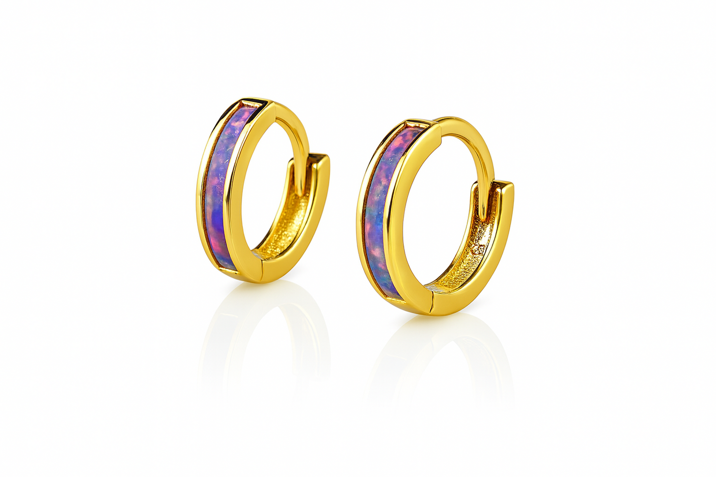14k Yellow Gold One Row Purple Opal Huggie Hoop Earrings