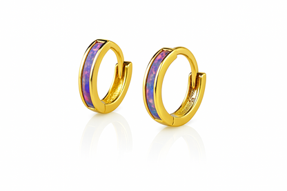 14k Yellow Gold One Row Purple Opal Huggie Hoop Earrings