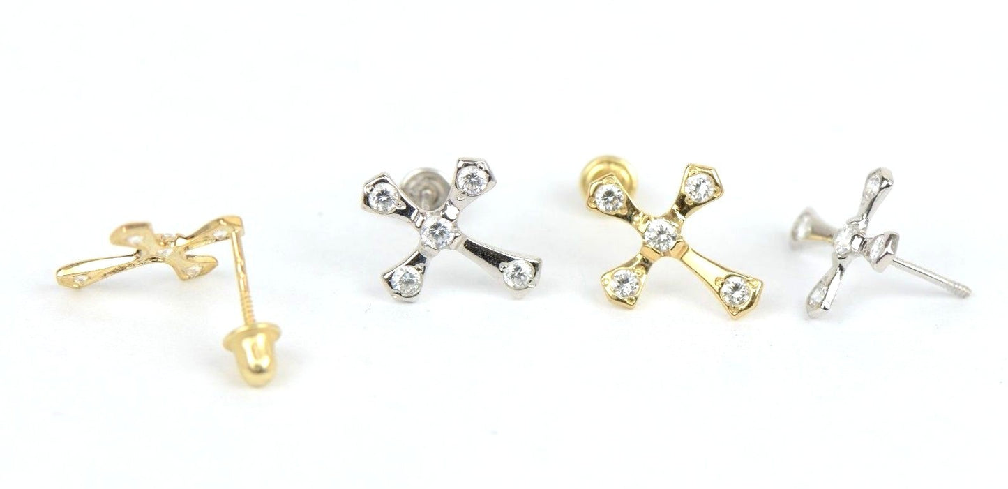14K Yellow or White Gold Cubic Zirconia Cross Earrings