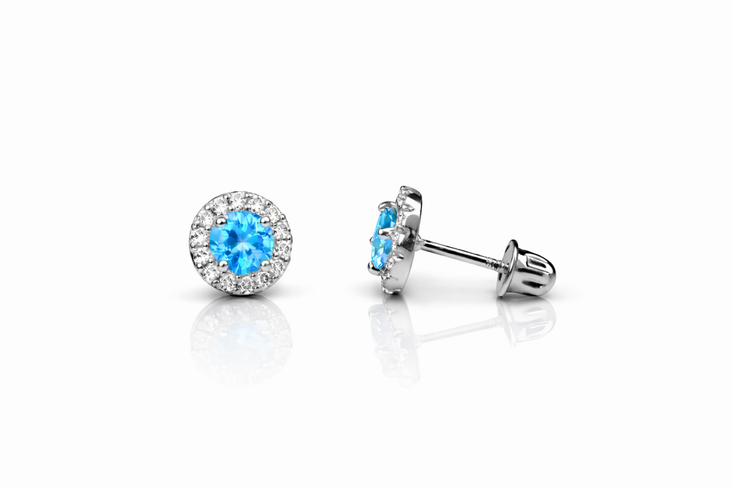 14k White Gold Halo Stud Earrings with Screw  Back