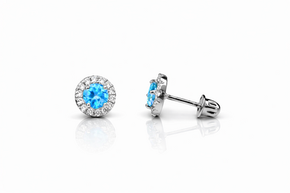 14k White Gold Halo Stud Earrings with Screw  Back