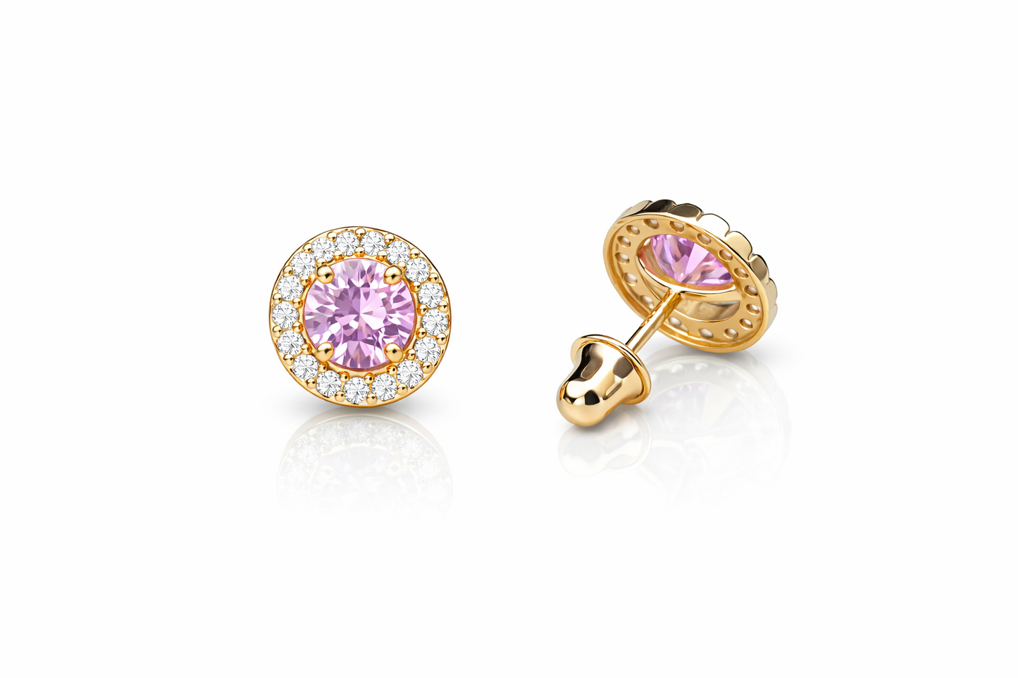 14K Solid White Gold Halo Stud CZ Screw Back Earrings