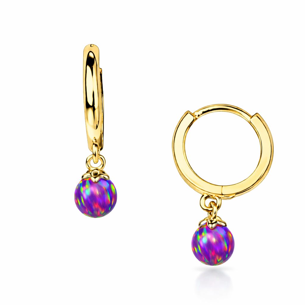 14k Yellow / White Gold Pink Opal Huggie Dangle Earrings