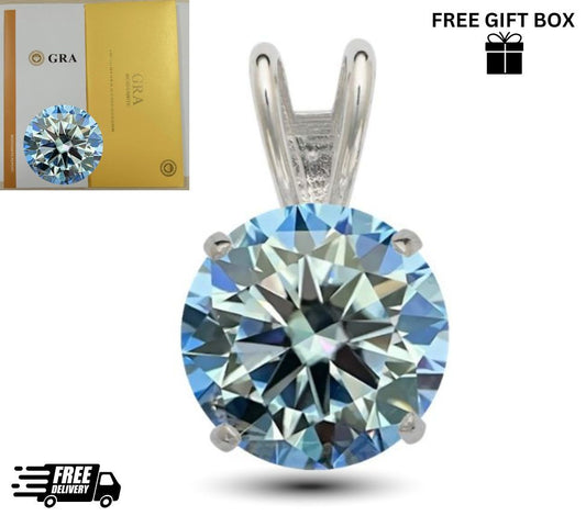 14K Gold GRA Certified D-VVS1 Round Ocean Blue Moissanite Pendant