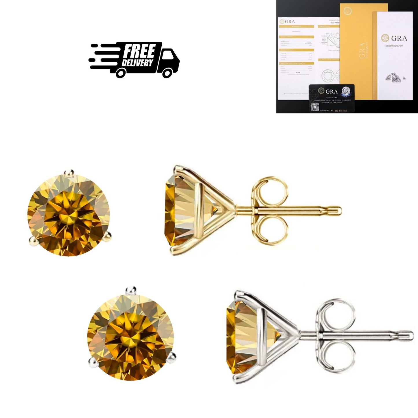 14KGold GRACertifiedD-VVS1 Champagne Moissanite Martini PushBack Stud Earrings