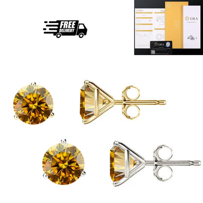 14KGold GRACertifiedD-VVS1 Champagne Moissanite Martini PushBack Stud Earrings