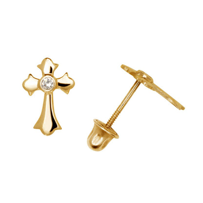 14k Yellow & White Gold CZ Cross Post Earrings for Girls