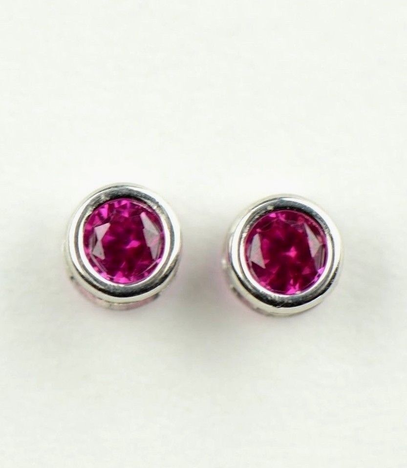 14K Round Bezel Set White Gold Birthstone Earrings