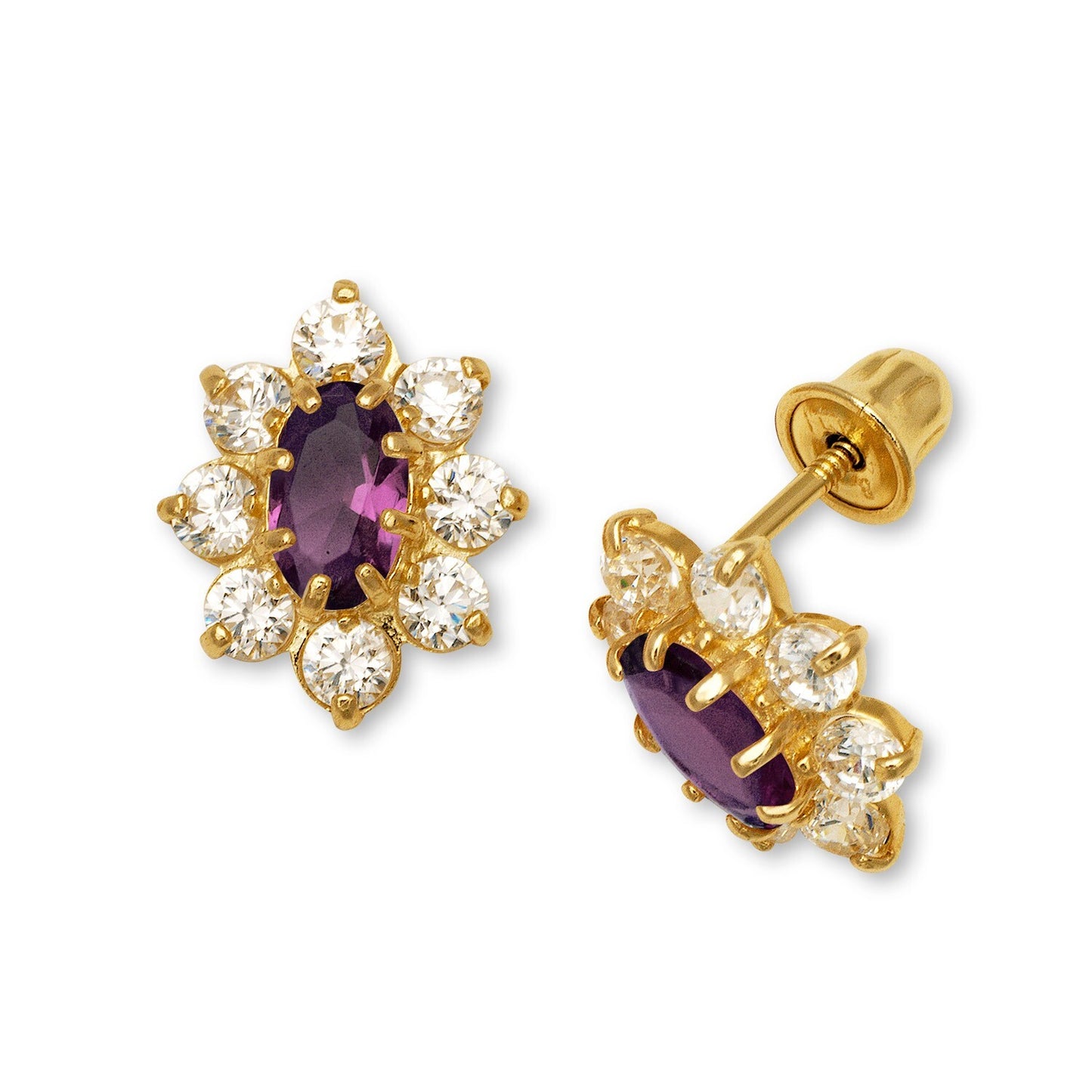 14K Yellow & White Gold CZ Flower Stud Screw Back Earrings for Women