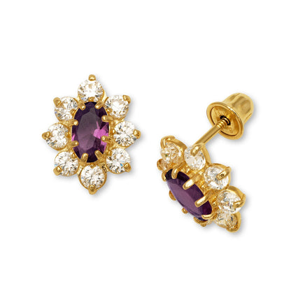 14K Yellow & White Gold CZ Flower Stud Screw Back Earrings for Women