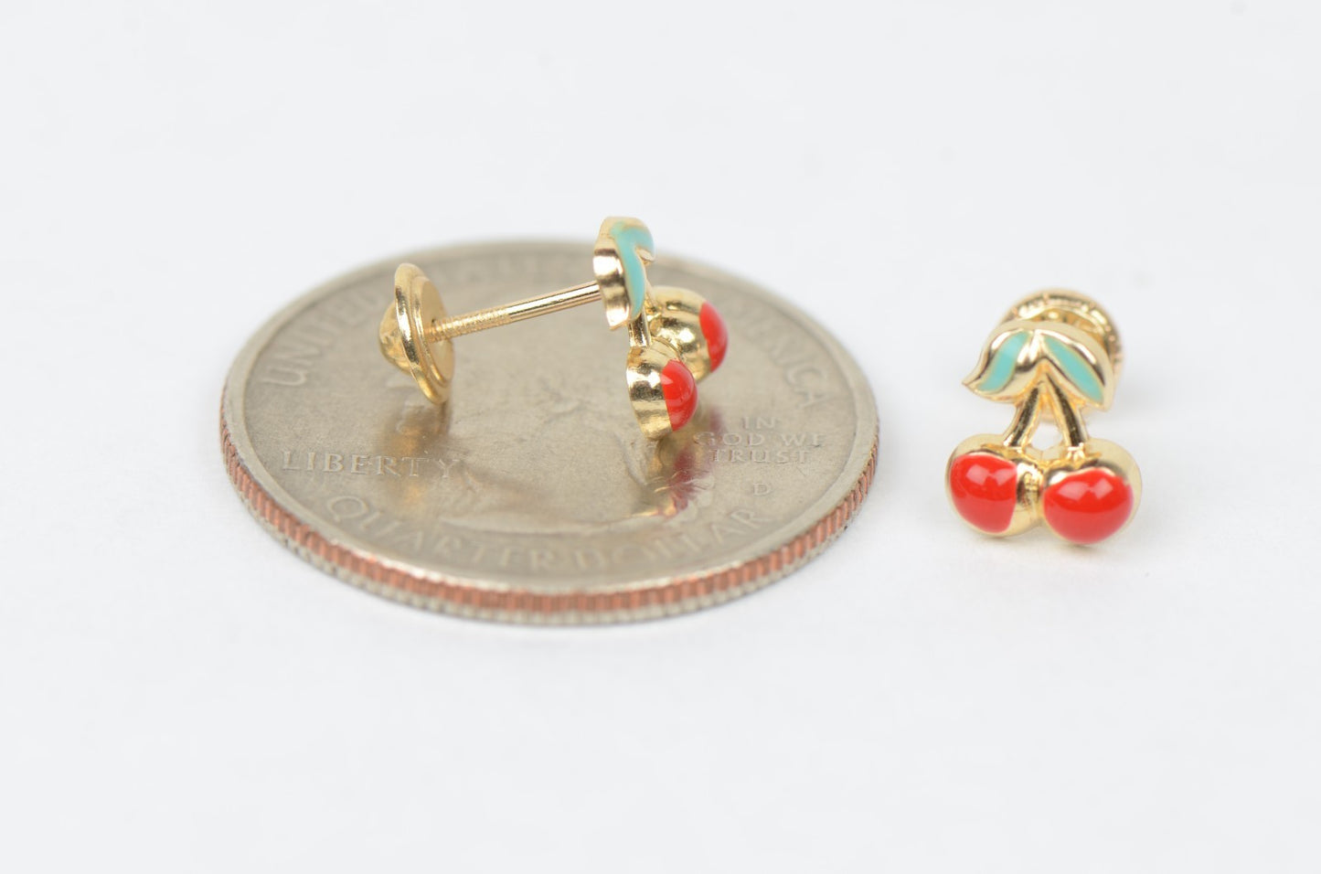 14k Yellow Gold Red and Green Enamel Cherry Baby Earrings, Screw Back