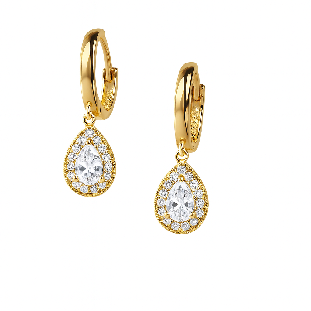 14k Yellow Gold Halo Birthstone Huggie Earrings for Women