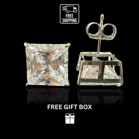 14k  White Gold Heavy Basket Square AAA Quality CZ Stud Earrings with Push Back