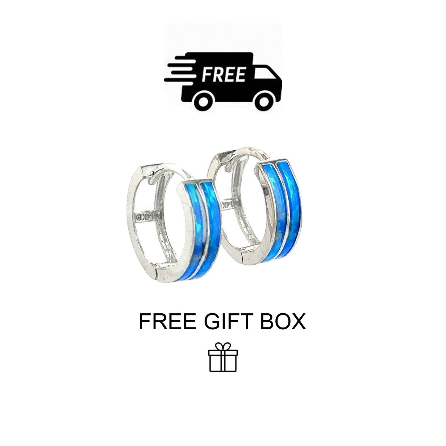 14k White Gold Double Row Dark Blue Opal Huggie Hoop Earrings