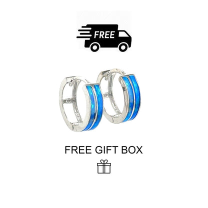 14k White Gold Double Row Dark Blue Opal Huggie Hoop Earrings