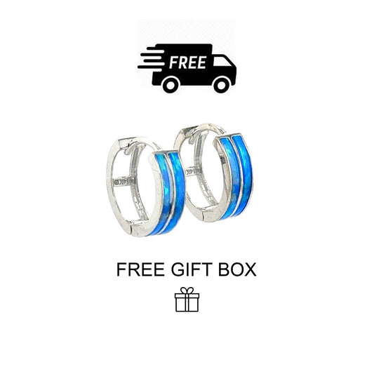 14k White Gold Double Row Dark Blue Opal Huggie Hoop Earrings