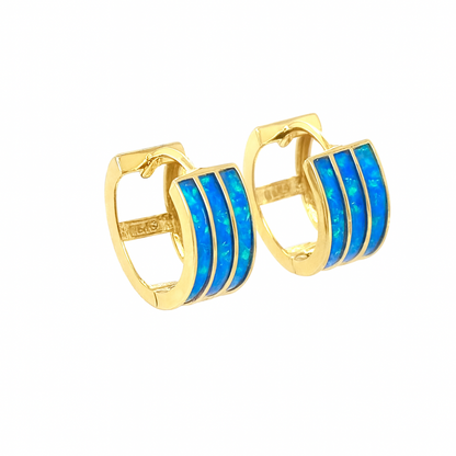 14k Yellow Gold Triple Row Dark Blue Opal Huggie Hoop Earrings