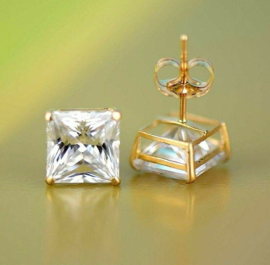 14k Heavy Basket Yellow Gold Square AAA Quality CZ Stud Earrings with Push Back