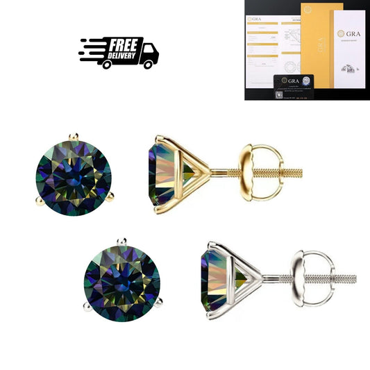 14K Gold GRA CertifiedD-VVS1 Rainbow Blue Moissanite ScrewBack Stud Earrings