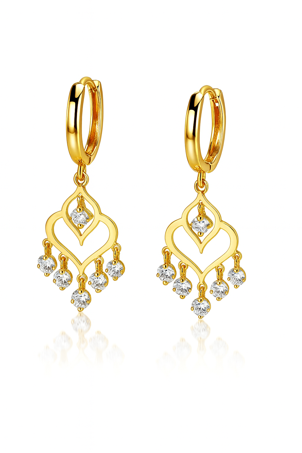 14k Yellow Gold Heart Dangle Hoop Huggie CZ Earrings