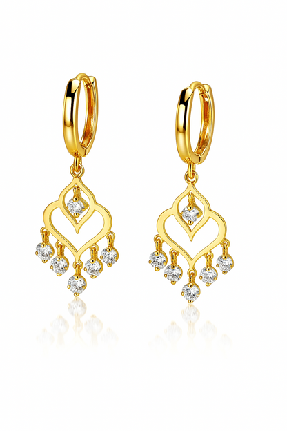 14k Yellow Gold Heart Dangle Hoop Huggie CZ Earrings